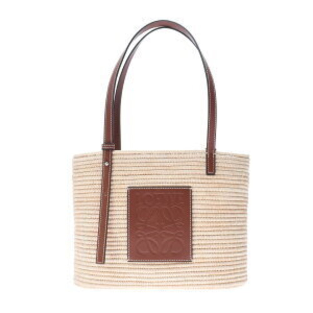 LOEWE Square Basket Bag Tan Raffia Calfskin Handbag